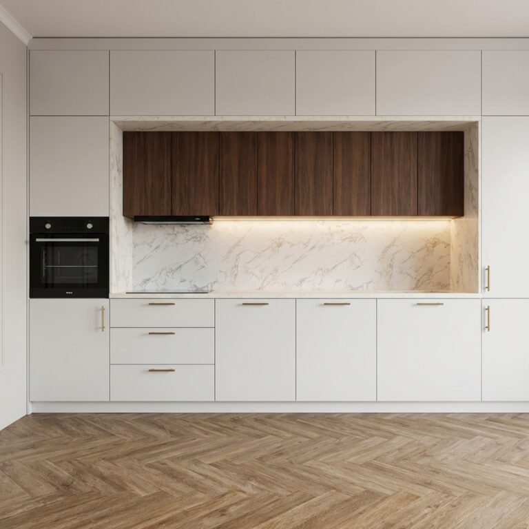Kuchnia na wymiar z marmurem i szafkami w kolorze orzecha De Morel