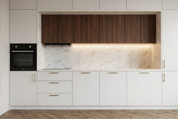 Kuchnia na wymiar z marmurowym blatem i wiszącymi szafkami Częstochowa