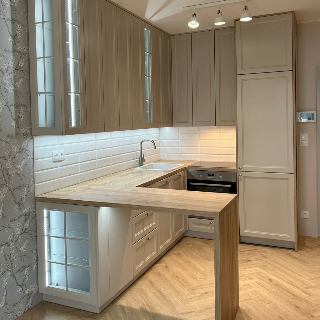 bezowa kuchnia z polwyspem