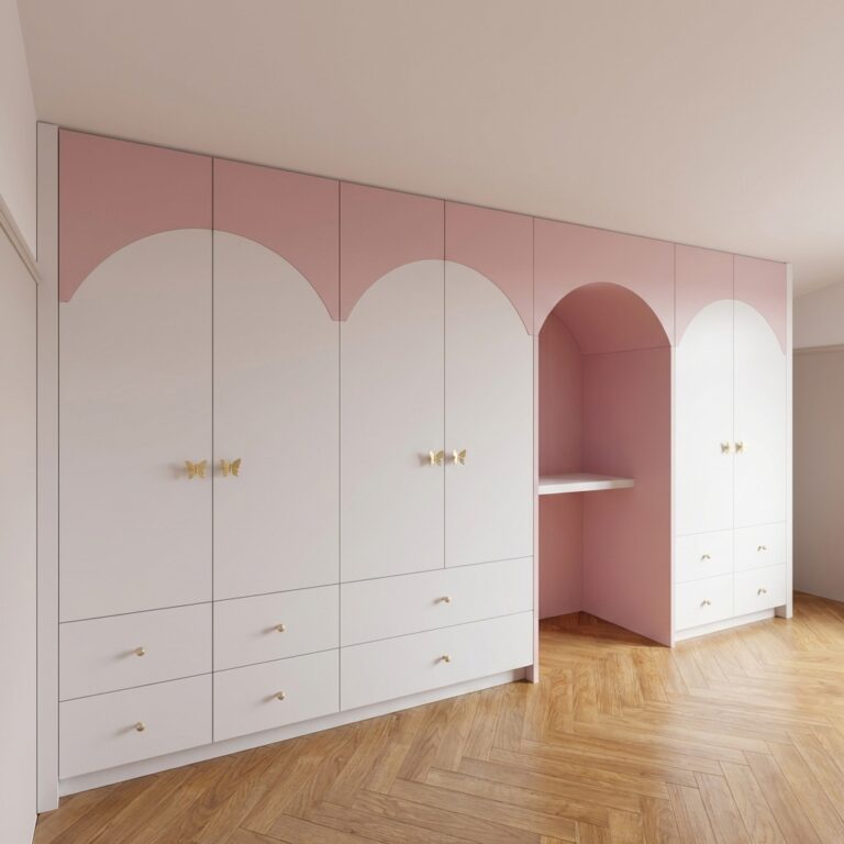 Różowa szafa z motywem łuków i wnęką na biurko do pokoju dziecka