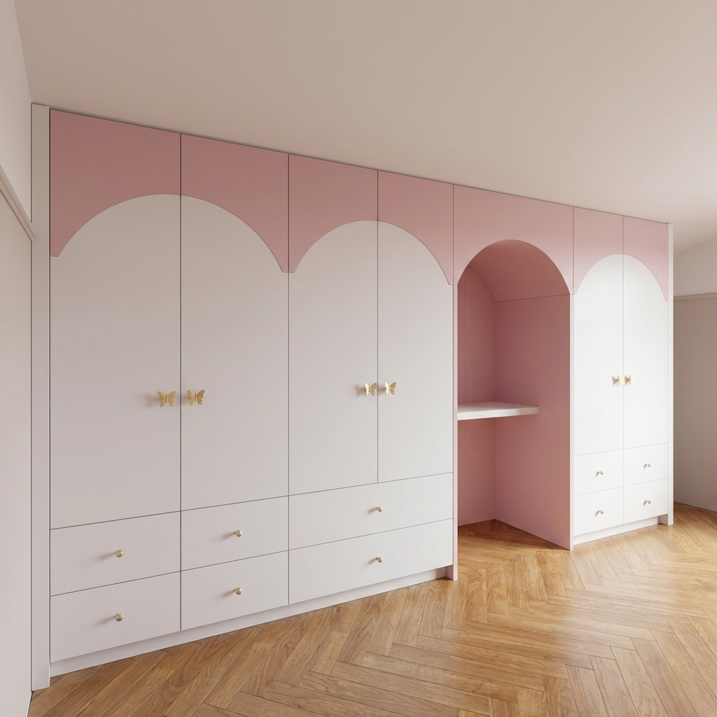 Różowa szafa z motywem łuków i wnęką na biurko do pokoju dziecka